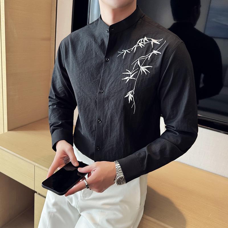 

Мужская рубашка в китайском стиле с вышивкой, воротником-стойкой и длинными рукавами 4XL чёрный