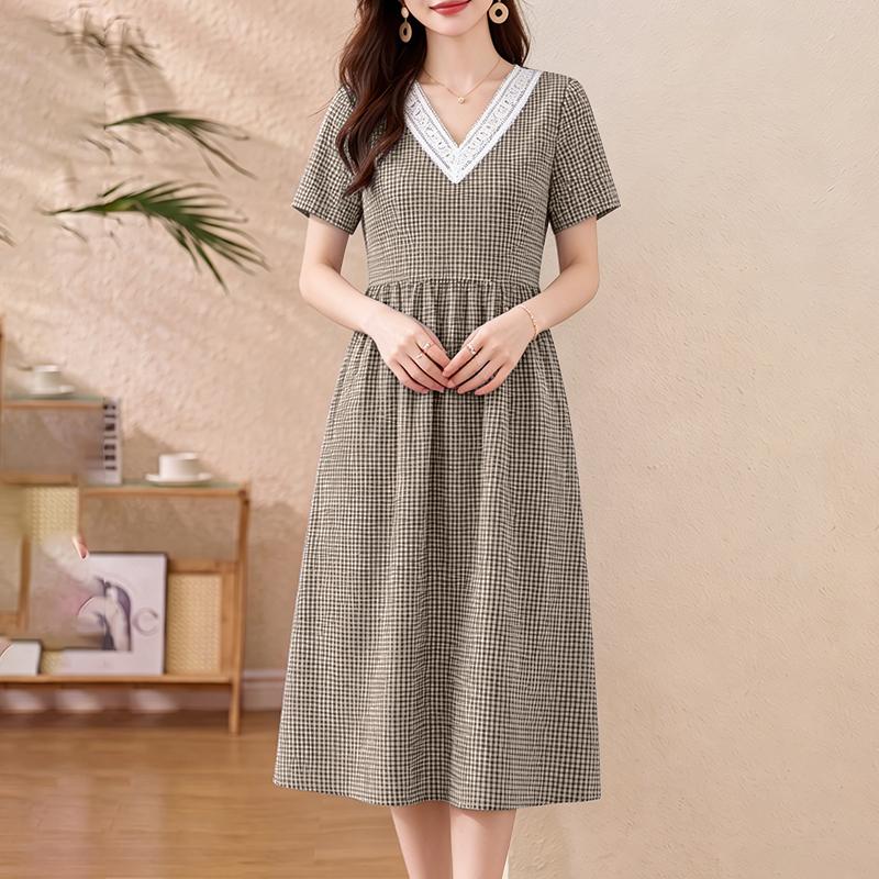 ZANZEA Women Casual V-Neck Plaid Print Loose Short Sleeve Dress