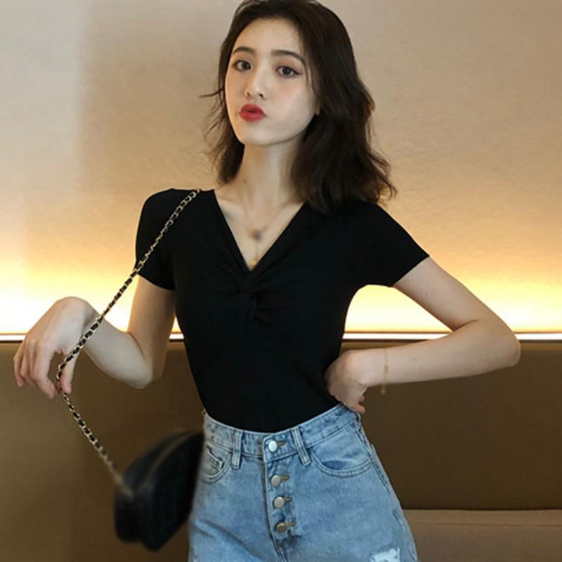 Women V Neck Knot Solid Short Sleeve Knitted T-Shirt