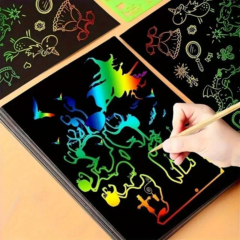 50 szt. Magiczny Papier do Zdrapywania 5 szt. Bambusowych Długopisów Zdrapka Tęczowy Papier Artystyczny Zestaw do Malowania Zdrapką z 5 Drewnianymi Patyczkami Prezent Urodzinowy