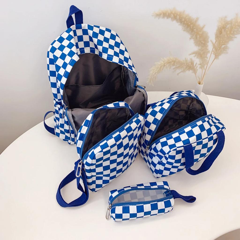 Checkerboard 4Pcs Backpack Set Crossbody&handbag&Pen Case Stitching Multi Pocket Adjustable Straps Campus Commute Bundle