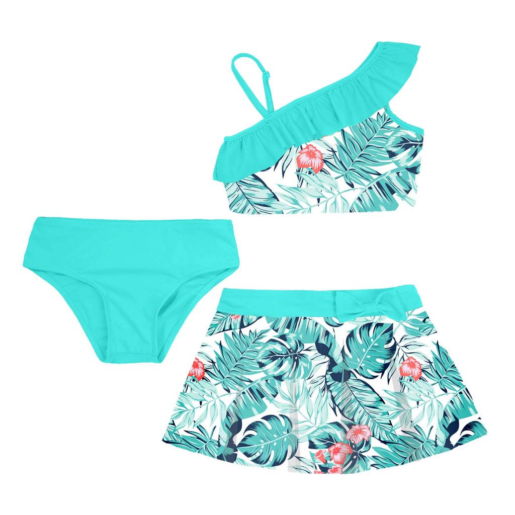 Kids Girls Tankini Set 3 Piece Floral Print Tank Vest Tops with Bikini Briefs and Skirts Summer Swimwear Swimsuits