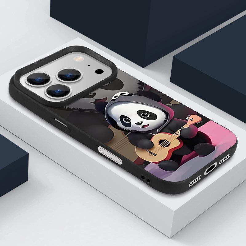 Guitar-playing Panda Pattern Case For iPhone 17 Pro Max Funda iPhone 16 Pro Max 15 14 13 12 11 Air 16E Leather Texture Silicone Cover