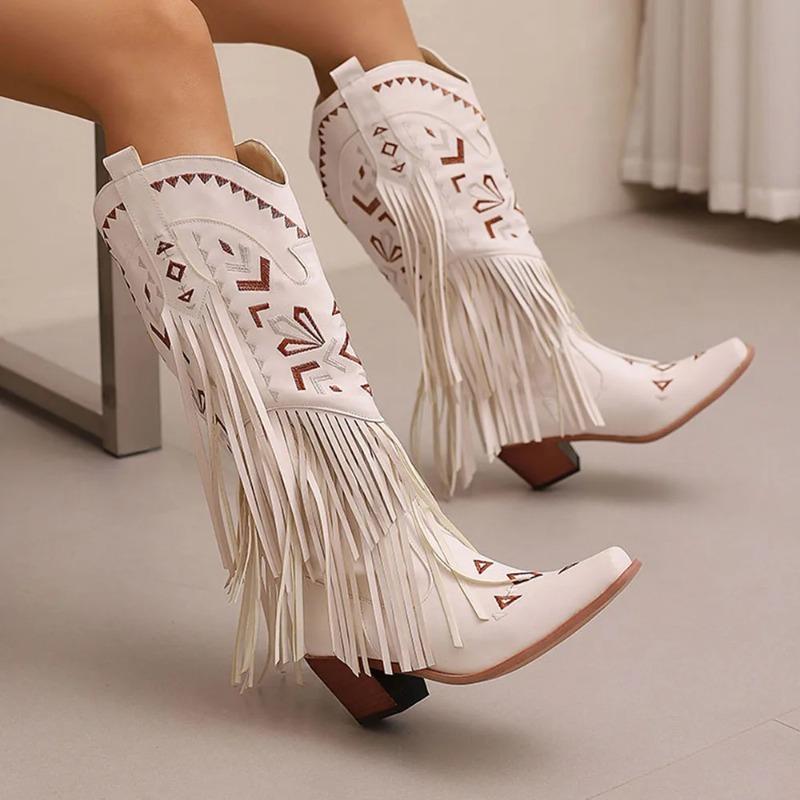 Fashion Retro Tassel Embroidered Cowgirl Mid-Calf Women Western Boots Pointed Toe Chunky High Heel Cowboy Cool All-Match Shoes