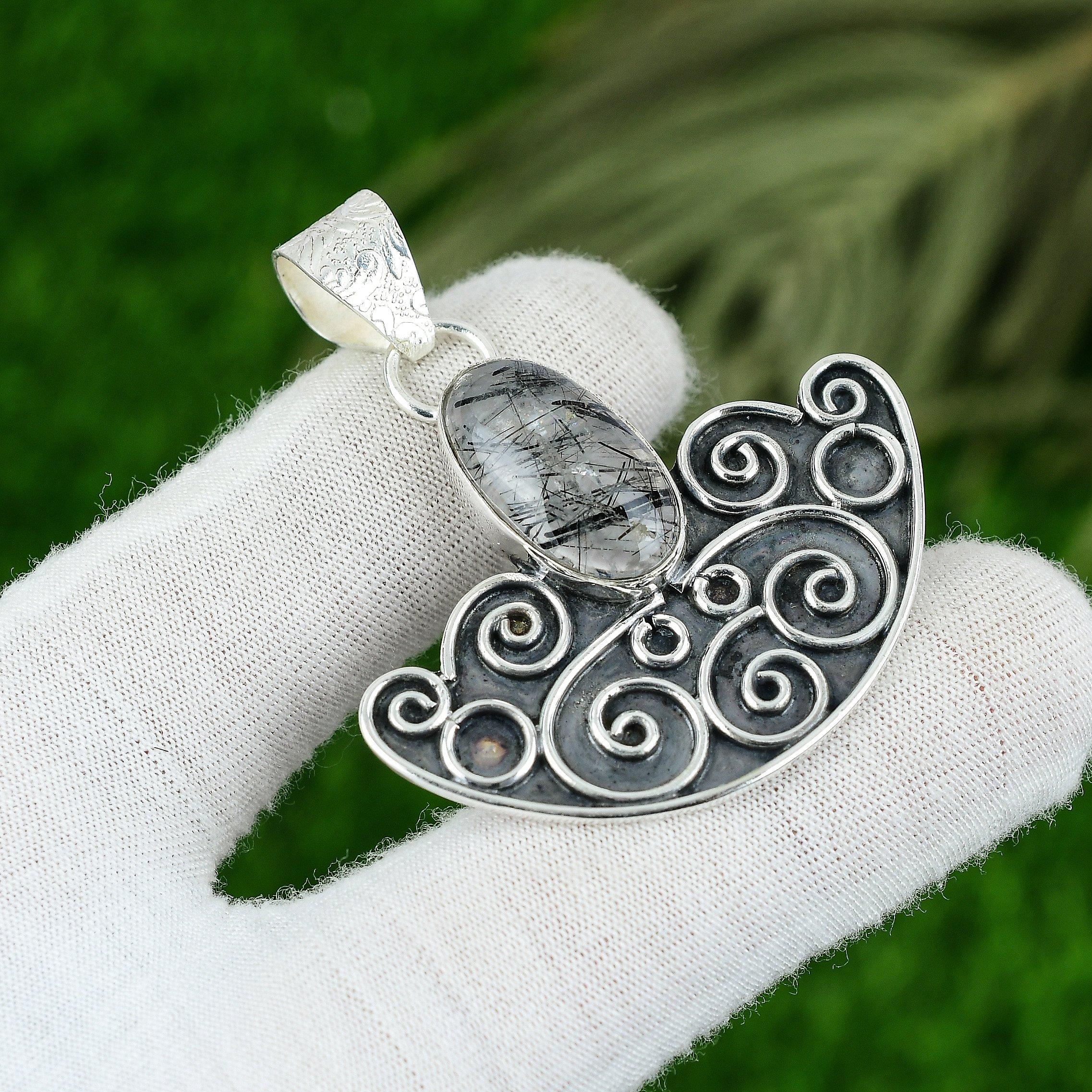 

Black Rutile Stone Unique Anniversary Wedding Pendant Jewelry Sterling Silver
