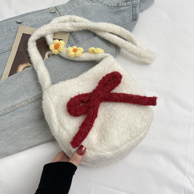 Macaron plush oval cute autumn new bag small crossbody shoulder backpack bow mobile phone bag