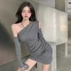 One-Shoulder-Kleid, figurbetontes Minikleid, einfarbig, langärmelig, für Damen, schmale, gemütliche Ulzzang-Kleider