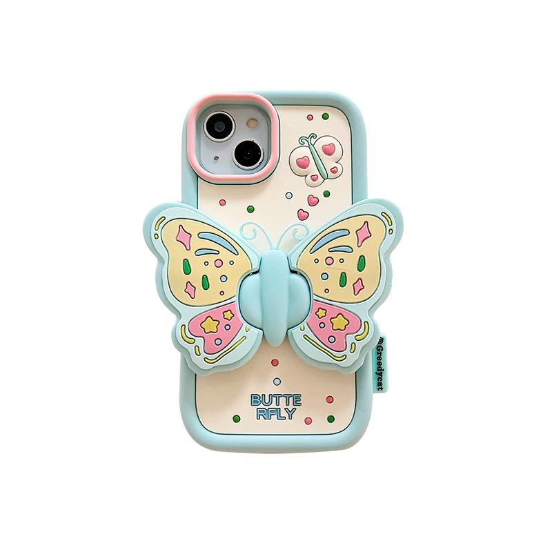 Ins Fashion Lovely Purple Butterfly Holder Stand Case For iPhone 17 15 14 13 16 Pro Max Soft Silicone Phone Cover