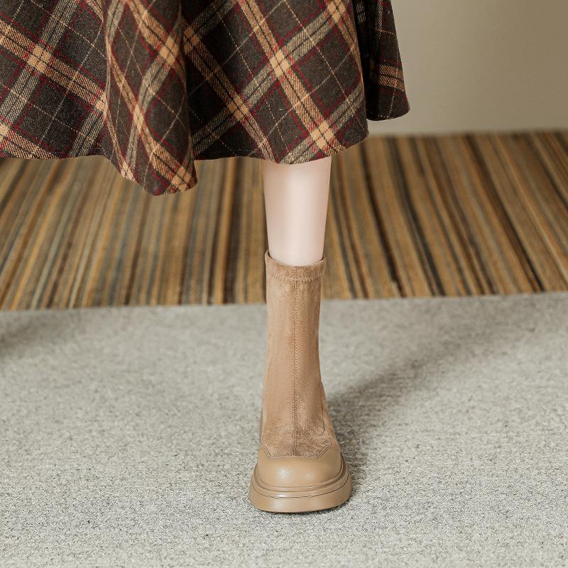 Slim Textured Suede Boots for Women New Retro British Style Round Toe Elastic Short Boots for Women Thin Boots