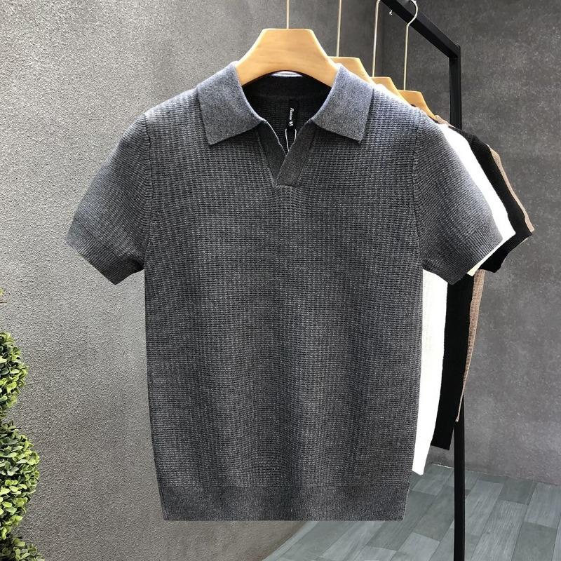 Men Short Sleeve Knit Polo Shirt Waffle Texture V-Neck Casual Top