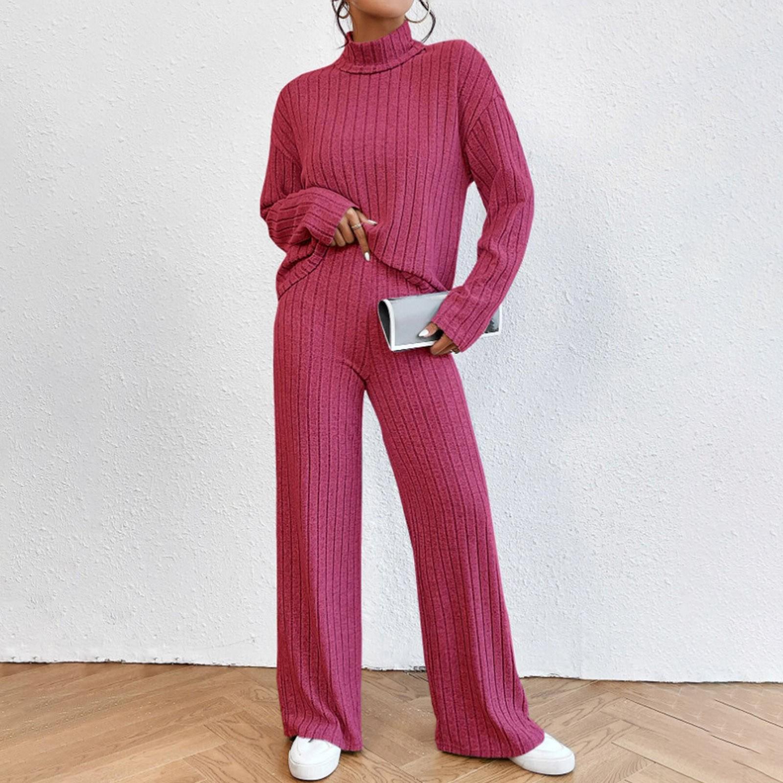 

Женский повседневный однотонный комплект с высоким воротником и длинными рукавами, свободные брюки, комплект из двух предметов XL горячий розовый