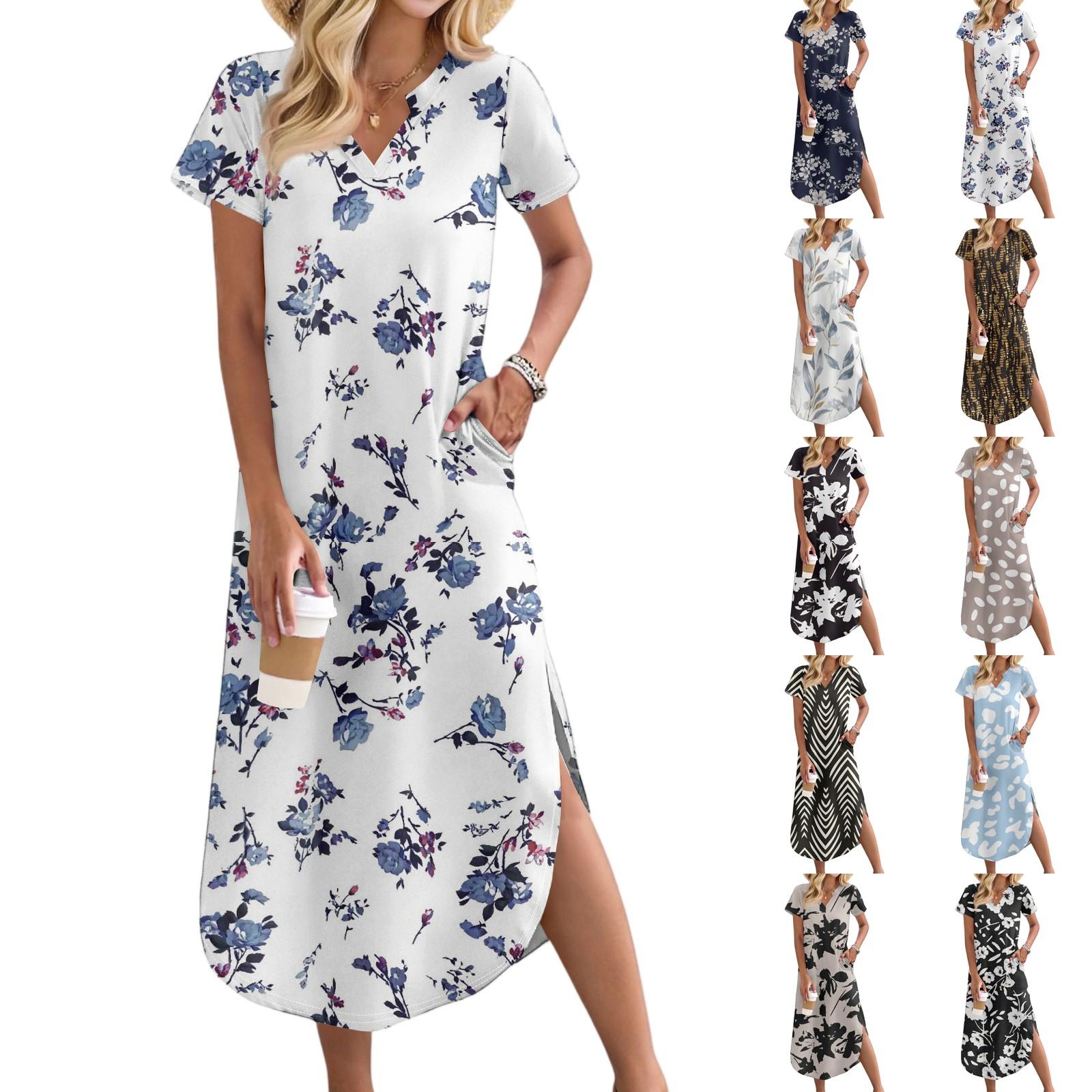 

Women s Casual Comfortable V Neck Loose Hem Split Vacation Short Sleeve Floral Long Dresses L