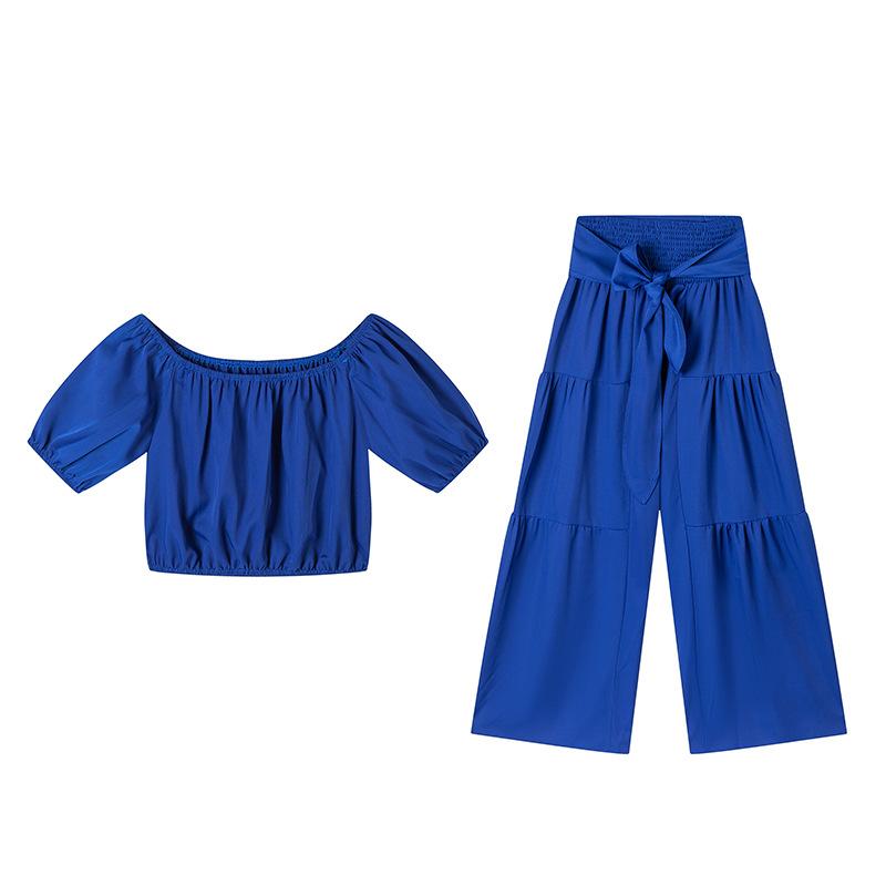 Women's Casual Short Sleeve Top + Wide Leg Pants Suit Fashion Streetwear Tie Up Commuter Outfit Summer Solid Loose Two Piece