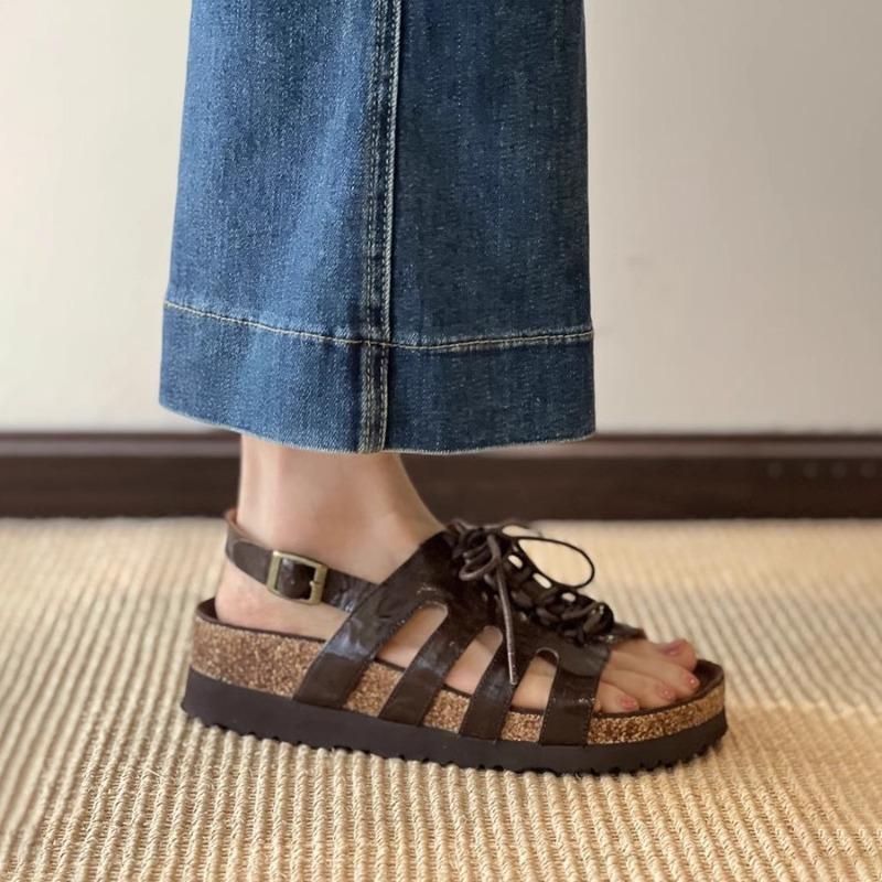 4 heightening new hollow lace-up leather shoes for women to wear retro round head versatile thick-soled beach sandals