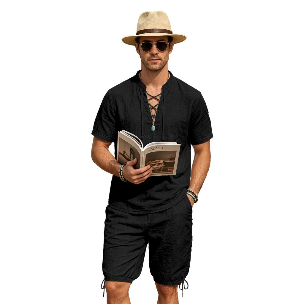 Men's European-American Linen Drawstring Short-Sleeve Shirt & Shorts Set - Breathable Cotton Linen Beach Travel Outfit
