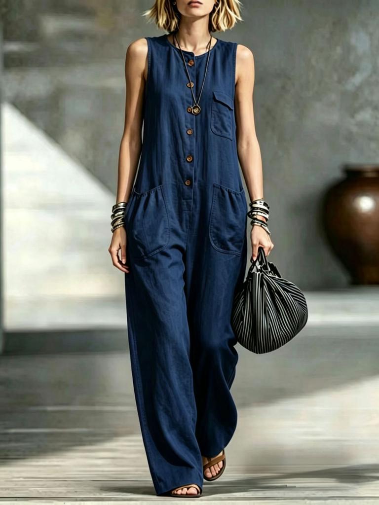 2026 summer new European and American creative pocket fashion casual wide-leg women's jumpsuit