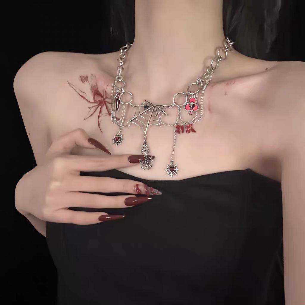 Vintage Gothic Silver Spider Web Tassel Clavicle Chain, Castle Witch Style cos Halloween party accessories for women