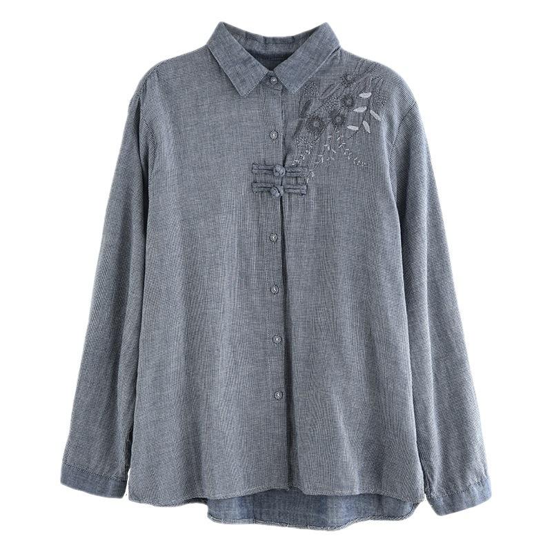 Spring Literature and Art Loose Cotton and Linen Plaid Embroidery Lapel Buckle Long-sleeved Shirt Women's Shirt Top