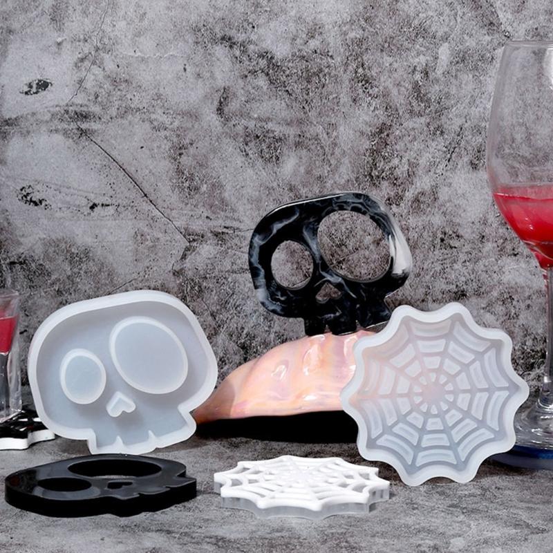 Diy Homemade Mold Coffee Coaster Cobweb Skull Graveyard for Creative Silicone Mold Crystal Placemat Mold for Diy Craft
