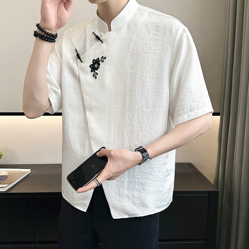 Summer Short Sleeve Shirts Stylish Floral Embroidery Men's Clothing All-match Chinese Style Stand Collar Vintage Button Shirts