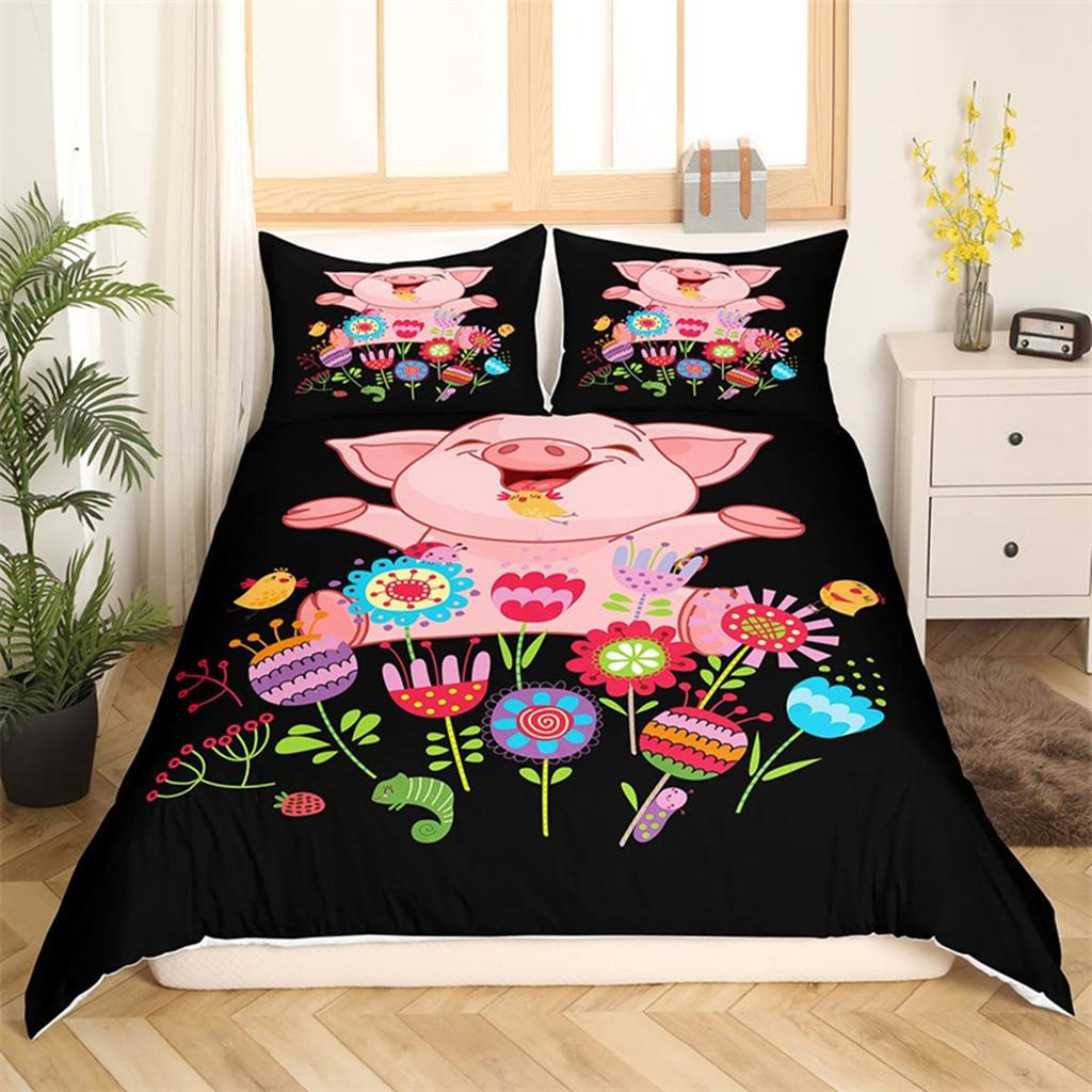 Cartoon Cute Pink Pig Duvet Cover for Children Boys Girls Microfiber Pigs Floral Cartoon Farm Animals Theme Bedroom Decorations