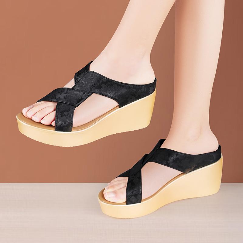 6cm Small Size 33-43 Elegant Comfortable Embroider Soft Leather Slippers Platform Wedges Shoes 2025 Med Heels Slides Office Mom