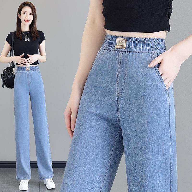 Women's High Waist Elastic Waist Wide Leg Jeans Straight Leg Pants Summer Thin Tencel Stretch Casual Denim Trousers