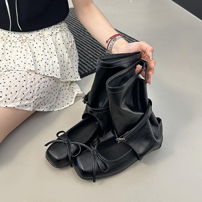 Summer new niche ballet wind-cool boots women's round head bow medium boots hollow western pile boots