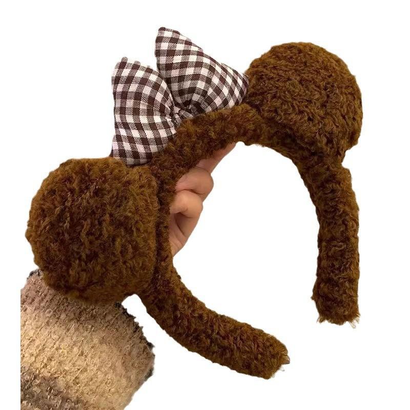 Cute Bow Knot Bear Ear Plush Headband, Face Washing Hair Tie, Cartoon Brown Hair Clip for Women, Hair Accessories
