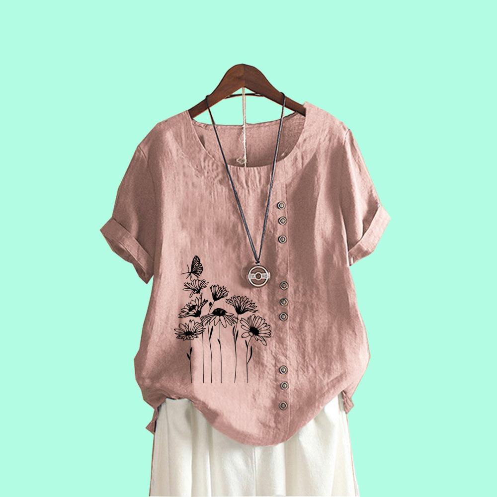 Frauen Casual Print T-shirt Sommer Mode Kurzarm Top Runde Kragen Lose Plus Größe Blusen