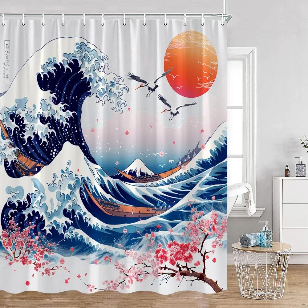 

Japanese Shower Curtain Big Wave Mount Fuji Crane Sakura Bathroom Home Decorations Shower Curtain 90x180cm-35x70in