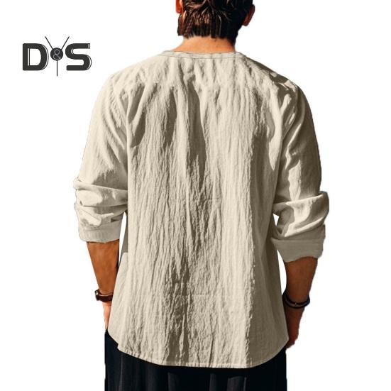 Pánské bavlněné tričko s dlouhým rukávem a výstřihem do V, volné tričko, jednobarevné, letní, ležérní, pro denní nošení, pouliční, párty, plážové