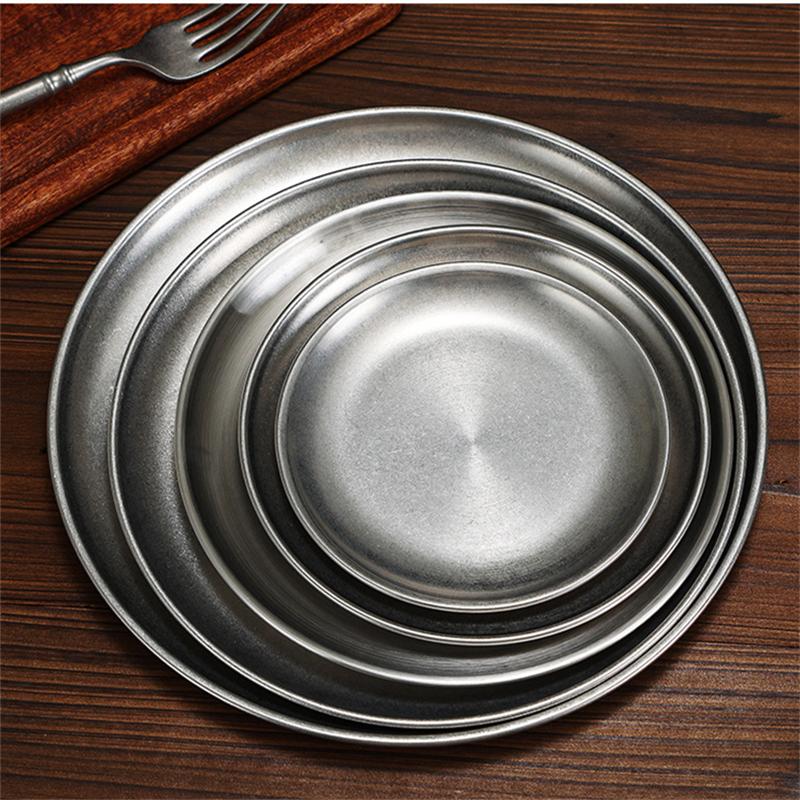 Snow Peak Stainless Steel Round Plates Matte Reto Dinner Dishes Flat Serving Tray Luxury Tableware Kitchen Dessert Cake