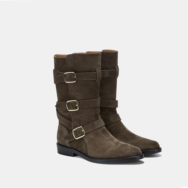 Cowhide Version~ Retro Maillard Western Cowboy Boots Belt Buckle Suede Knight Short Boots Thick Heel Thin Medium Boots