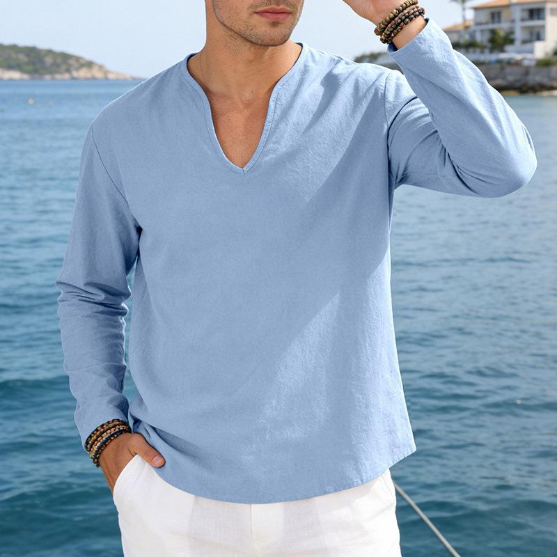 

Men V-Neck Linen Blend Long Sleeve Casual T-Shirt (Multi-Color Options) S синий