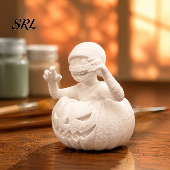 Einzigartiges Tischdisplay-Stück 3D-gedruckte Kürbisjunge-Figur, Unbemalte weiße DIY-Statue, Kreative Halloween-Party-Dekoration Mumien-Skulptur,