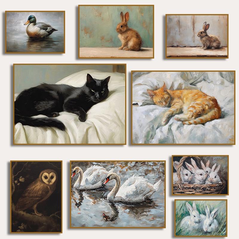 

Винтажный пасхальный кролик, черные кошки, рыжий кот, спящие лебеди, утка, сова, животное, постер, картина на холсте, печать для гостиной, домашний декор 21cm×30cm NoFrame