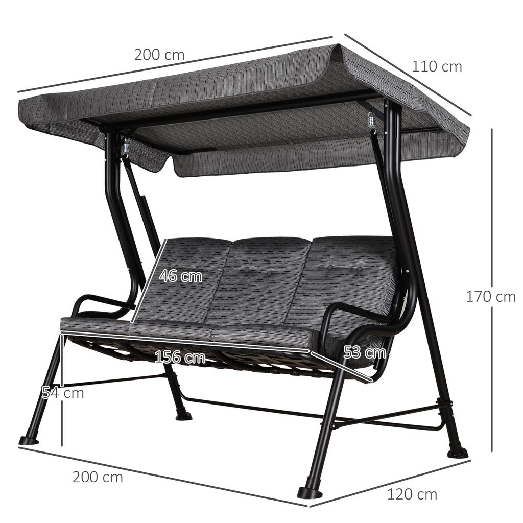 Swing Bench, 3-Seater Garden Swing, Adjustable Canopy, Textilene Gray 200 x 120 x 170 cm