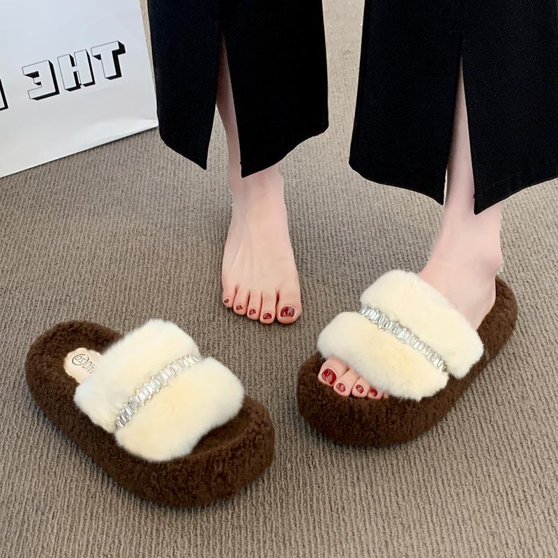 Rhinestone Lamb Wool Slippers Women's 2025 Autumn and Winter New Fashionable Versatile Muffin Thick Bottom Outer Wear One-word Cotton Mop