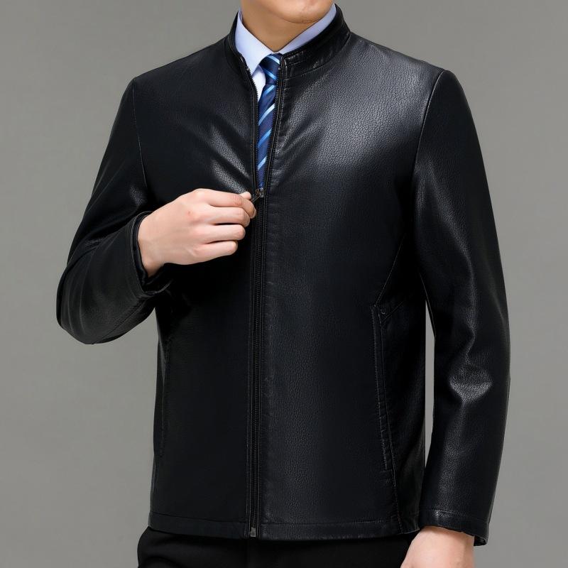 Autumn and Winter Men's Leather Jackets, Genuine Leather Jackets, Middle-aged Dad's Sheepskin Loose Stand-up Collar Plus Velvet Jackets