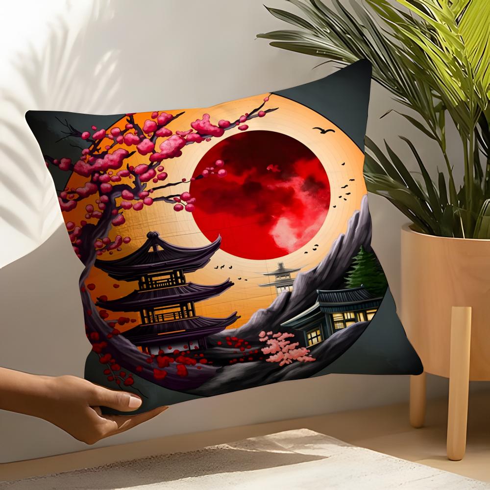 Retro Japanese Pagoda Landscape 1 Pillow Case Linen Cushion Covers For Decorative Sofa Home Pillows Case Car Chair Pillows Cases