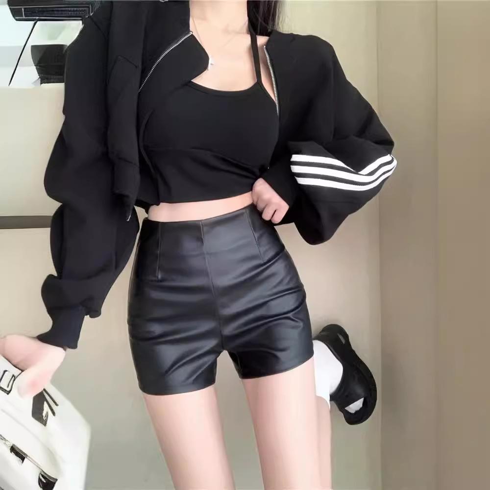 Kleine PU-Lederhose Damen Hottie Leggings Shorts Herbst und Winter Neue Kleidung Schwarz Hochtailliert A-Linie Leggings