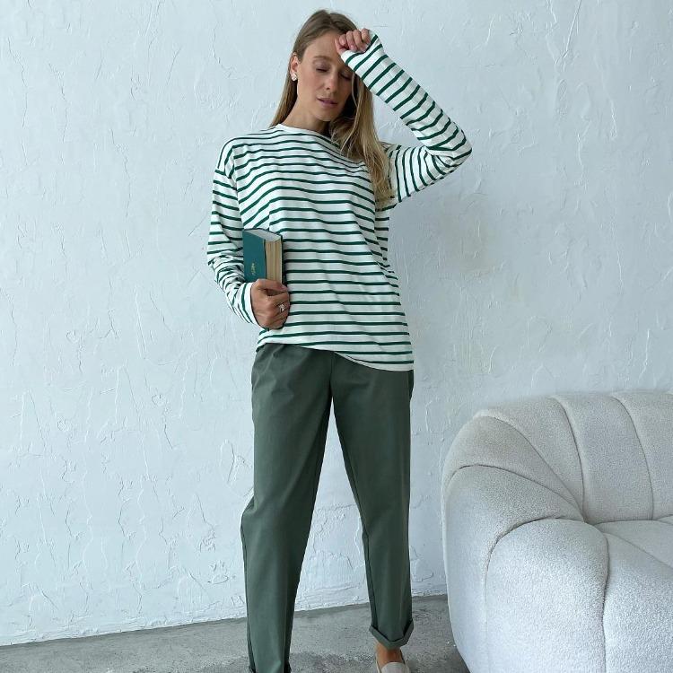 Women Summer Stripe Long Sleeve Tshirt O Neck Casual Top