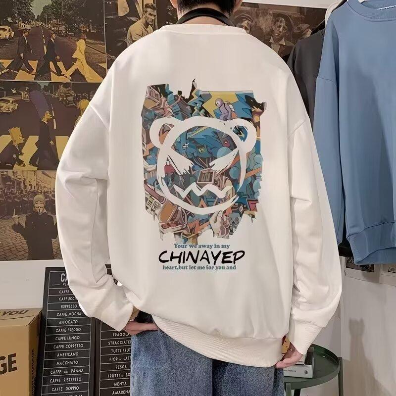 

Напечатанный свитер осень-зима мужской круглый вырез свободный топ шикарный гонконгский стиль модный 5XL белый