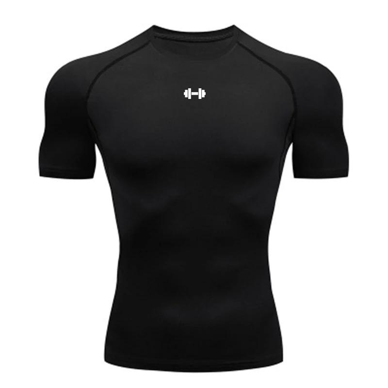 

Compression T-shirt men s summer sportswear running T-shirt elastic quick drying sports top T-shirt gym dumbbell exercise shirt M чорний