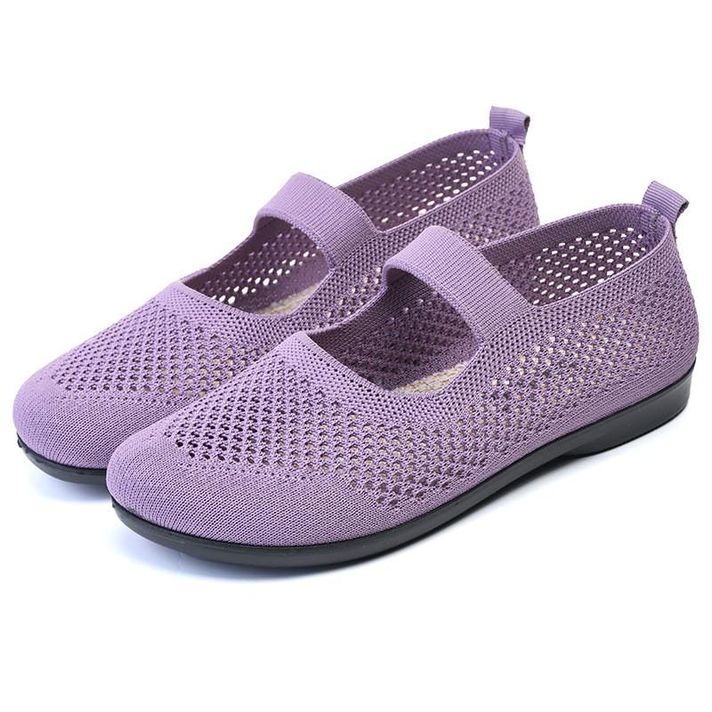 Womens Comfortable Flat Slip-On Shoes Senior Ladies Breathable Mesh Upper Non-Slip Rubber Sole