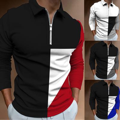 Mode Herren Reißverschluss Lässig Slim Herren Colorblock Digitaldruck Langarm Polo