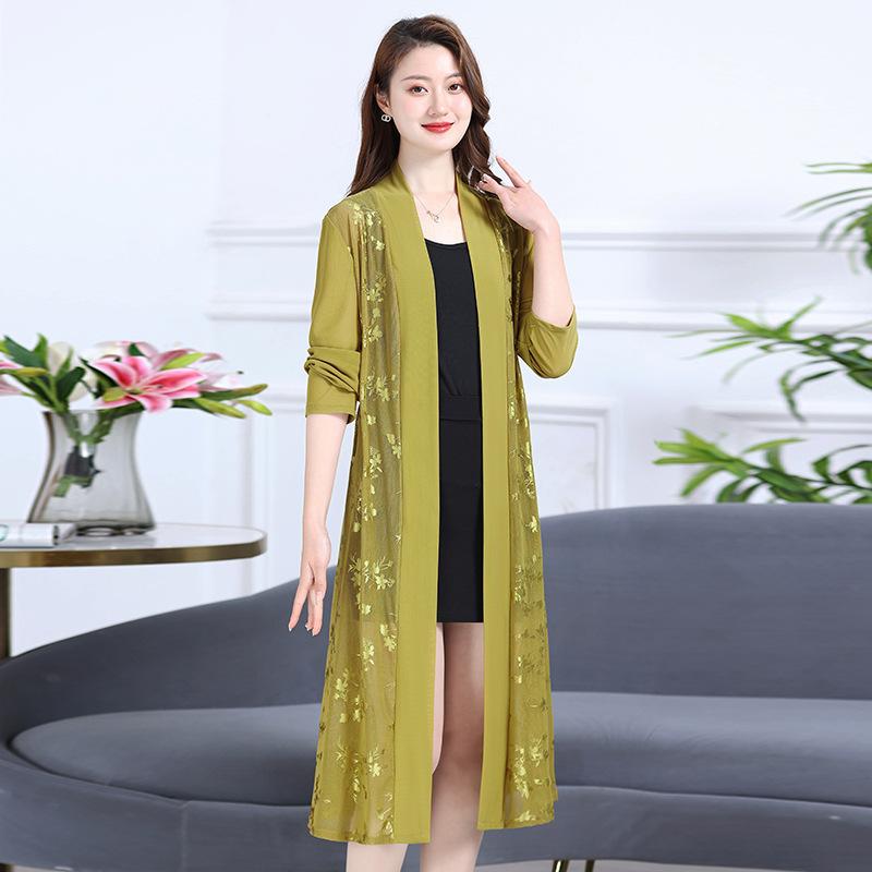 Commute Gauze Jacquard Weave Open Stitch Spring Summer Casual Long Sleeve Women's Clothing Stylish Spliced Straight Midi Blouse