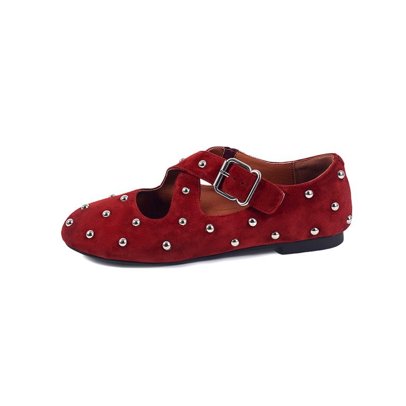 Niche Trendy Brand Large Size Retro Rivet Cross Buckle Mary Jane Single Shoes 25 New Round Head Flat Ballet Shoes