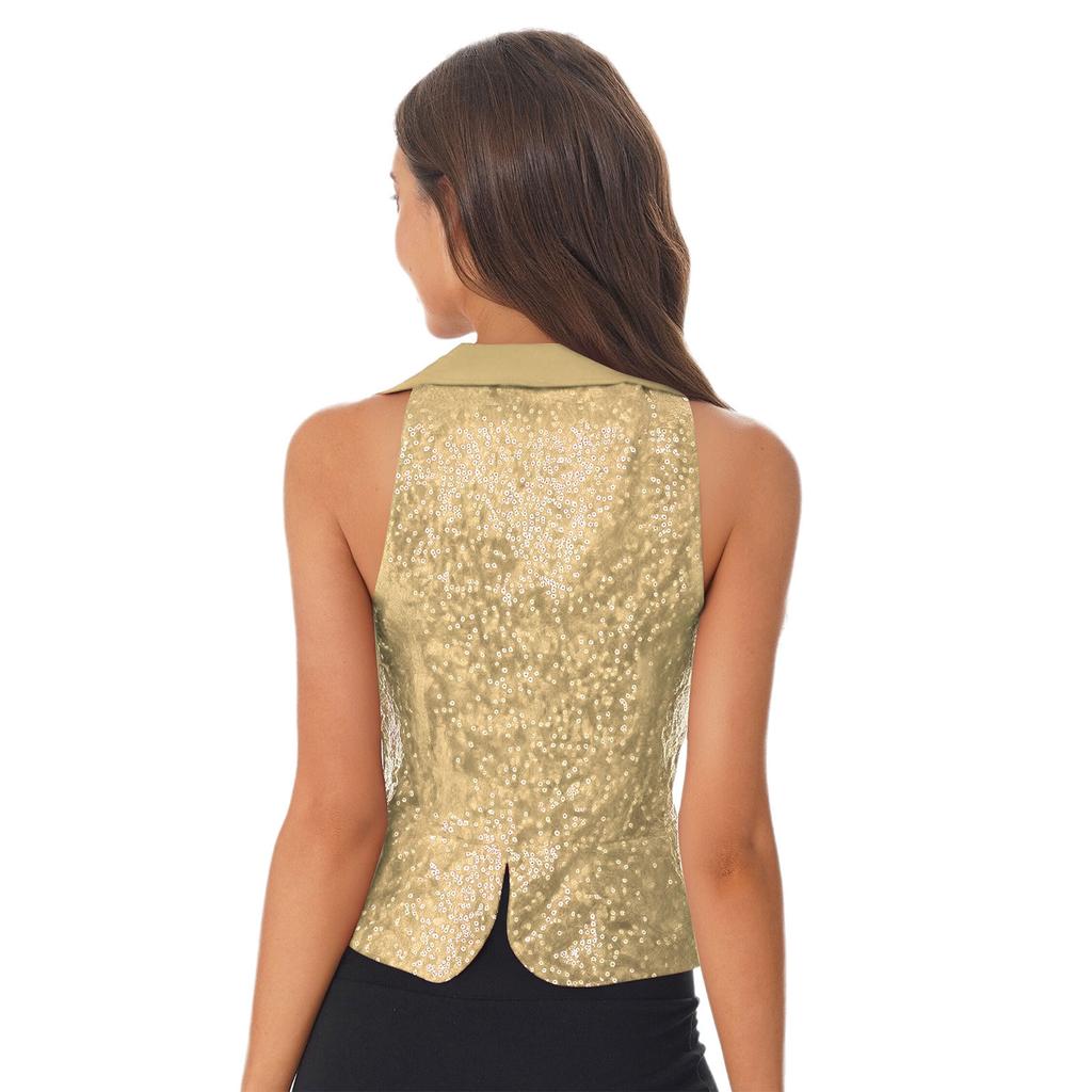 Dámska štýlová vesta jednofarebná s klopami, bez rukávov, so žiarivými flitrovými detailmi, párty top, klubový outfit